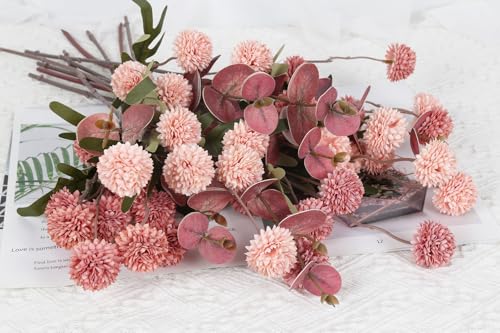 8 Stems Artificial Faux Kiku Flower with 3 Branches Eucalyptus Stems,Pink Fake Flowers Silk Pompom Mum Artificial Flowers for Wedding Bouquet Home Party Floral Arrangements(Mixed Pink) - color: Mixed Pink