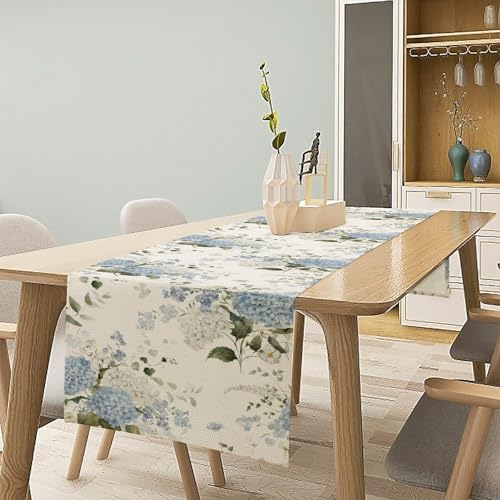 Blue Floral Table Runner, Spring Summer Watercolor Hydrangea Flower Butterfly Country Farmhouse Coffee Table Center Decor for Home Kitchen Dining Patio Holiday Party Table Decorations 13x72 inches - color: Tr-flower05, size: 13x72" Table Runner