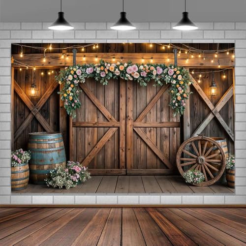 10x10ft Country Wedding Photography Backdrop Rustic Barn Door Photography Backdrop Farmhouse Pink Flower Cabin Wooden Birthday Baby Shower Wedding Bridal Party Banner Photo Booth Props Background - color: Multi1, size: 10X10FT