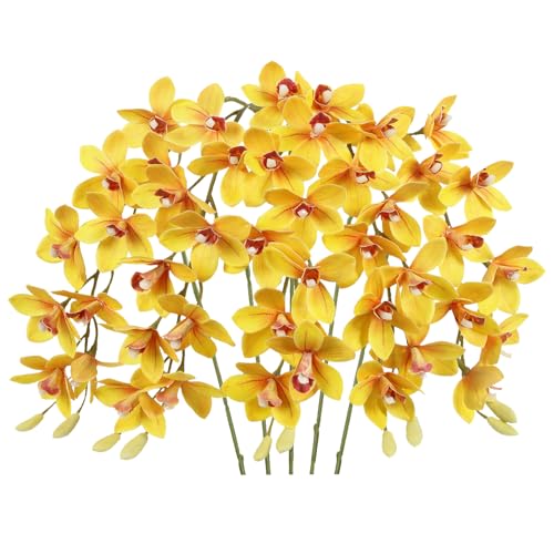 IPOPU Yellow 5 Pcs Artificial Orchids That Look Real Real Touch Latex Orchid Fake Flowers for Living Room Bathroom Kitchen Wedding and Engagement Centerpiece Arrangement - color: Yellow