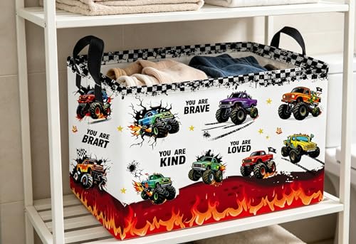Essme Rectangular Car Baskets,Monster Truck Storage Box,Cute Basket with Handles for Room Decor, Book Bins,Shelf Basket.(Flame truck) - color: Flame truck