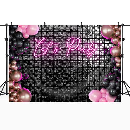 Riyidecor Let's Party Backdrop Modern Disco 80s Black Neon Pink Plaid Checkered Balloons Fashion Shinning Groovy 7Wx5H Feet Girls Photography Background Birthday Photo Studio Shoot Polyester Fabric - color: F-Party, size: 7Wx5H