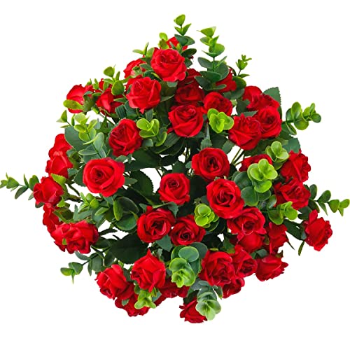 Artificial Flowers Fake Silk Rose for Decoration 33 Heads Small Roses Blooming Faux Flower Bouquet with Stem for DIY Vase Home Wedding Party 3 Pack Red - color: Red