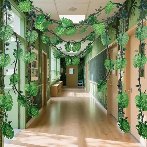 Preboun 34 Pcs Jungle Vines Rainforest Party Decorations 10 ft Artificial Rattans with Palm Leaves Fake Ivy Vines Tropical Rainforest Safari Decor for Forest Jungle Dinosaur Party Indoor Outdoor