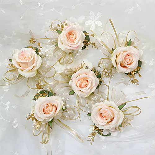 Pink Rose Wrist Flower Corsage & Boutonniere Set for Wedding Bride Bridesmaid Groom Groomsmen Parents Suit Lapel Pin Button Hole Flower for Prom Homecoming, Tea Party, Formal Dinner - color: Pink Set