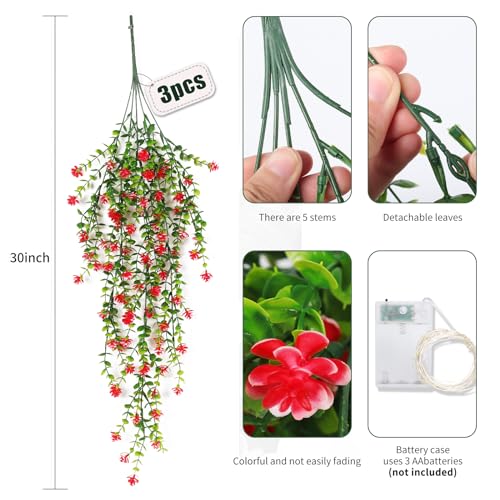 Vine Plant Fake Ferns Plants Large Faux Artificial Hanging Plants Wall Plants Artificial Hanging Plants Outdoors Fake Hanging Plant Greenery Vine with Lights for Outdoor Plants Decor 3 Pcs(Red) - color: Red, size: Hanging Plants With Lights