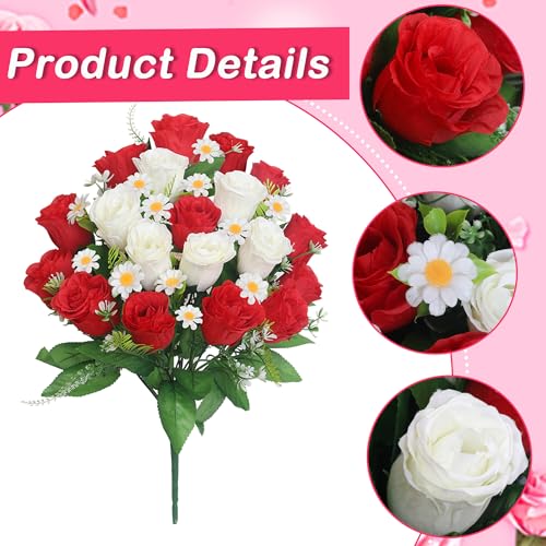 Wocst Artificial Cemetery Flowers for Grave Memorial Day Flowers for Cemetery,2Pack Artificial Silk Roses Daisy Bouquets with Cemetery Vases for Outdoor Grave Decorations ﻿ (Red White) - color: Red White
