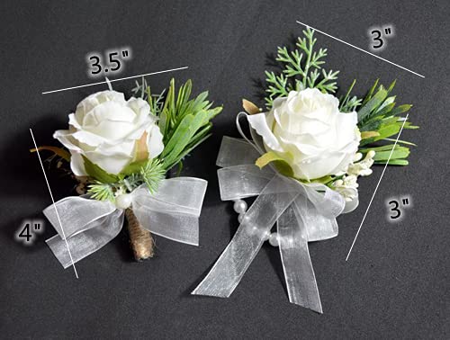 Rikyo Rose Wrist Corsage Wristlet Band Bracelet and Men Boutonniere Set, 2 Pack, Corsage for Prom, Bride Hand Flower, Wedding Flowers Ceremony Party Prom Decor, Handmade Petals Hair Hat Wreath (White) - color: White