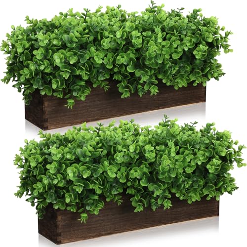 Lyrow 2 Pack Artificial Eucalyptus Plant in Rustic Rectangular Wooden Planter Box Greenery Faux Potted Herb Plant for Indoor Wedding Table Centerpiece (Emerald,16 x 3.7 x 8.7 Inches,Stylish Style) - color: Brown, size: 16.1 Inch, style: Emerald Green Roun