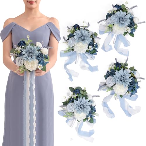 TINGE TIME 7inch Wedding Bouquets for Bridesmaid, Artificial Flowers Cascading Bridal Bouquet for Wedding (DarkBlue, Set of 4) - color: Darkblue