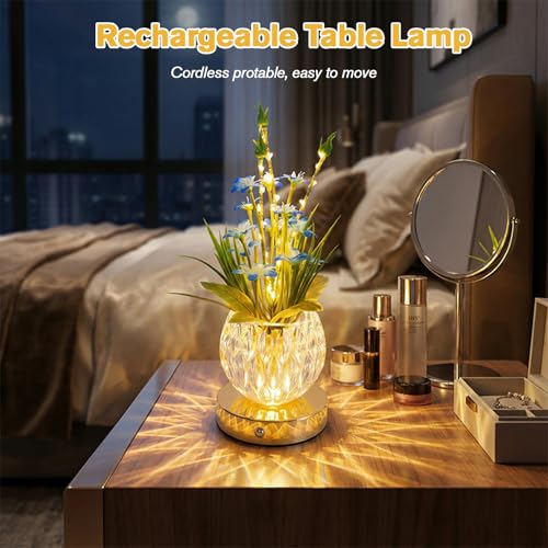 Flower Table Lamp, Mini Lily Table Decor with 3 Colors Dimmable, Artificial Flowers Night Light, Rechargeable Glass Lamp Small Desk Lamp for Party Holiday Home Decoration (Blue - Lily) - color: Blue - Lily