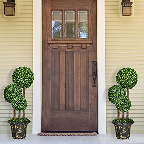 Goplus 3 Ft Artificial Boxwood Topiary Tree, 2 Pack Fake Greenery Plants Triple Ball Tree, Leaves & Cement-Filled Plastic Flower Pot Decorative Trees for Home, Office, Indoor and Outdoor Use - size: 3 Ft