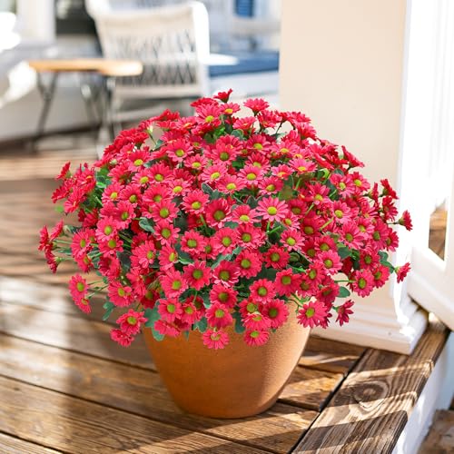 Daisy Artificial Flowers for Outdoors Decoration, 6 Bundles Fake Plants Flowers Bouquet Faux Flowers for Outdoor Planter Look Real UV Resistant Silk Flowers for Outside Front Door Porch Patio, HotPink - color: Hotpink
