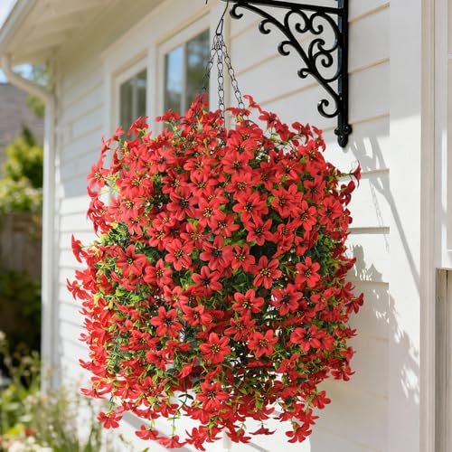 Artificial Hanging Baskets Outdoor, 4 Bundles Artificial Hanging Flowers Outdoors Spring Summer Decoration, No Fade Realistic Fake Hanging Baskets for Porch Patio Balcony Home Yard Decor - color: Red