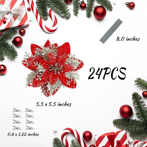 SITUMEIZI 24 Pcs Red Gold Poinsettia Artificial Christmas Flowers 5.5" Glitter Poinsettias Christmas Decorations Tree Flower with Stems & Clips for Wreath Xmas Tree New Year Party Ornament Wedding - color: Red