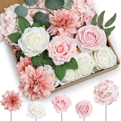Artificial Flowers Combo, 80Pcs Fake Silk Flowers with Stems for DIY Roses Decor Wedding Craft Party Centerpieces Bridal Bouquets Cake Decorations Arrangements Indoor Outdoor(Blush Pink) - color: Blush Pink