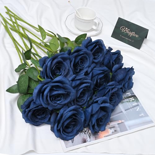 Waipfaru 16 Pcs Blue Roses Artificial Flowers, Long Stem Fake Roses, Silk Faux Flowers for Valentines Wedding Bouquet Vase Centerpiece Home Decor (Navy Blue) - color: Navy Blue, size: 16 Pcs