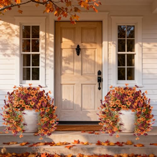 ZFProcess Artificial Hanging Flowers for Outdoors Fall Decoration, 2PCS Silk Fake Daisy Realistic Outdoor Flowers UV Resistant Porch Patio Window Yard Decor - color: Orange+brown