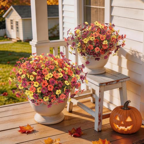 Hommyea Artificial Flowers for Outdoors, 12 Bundles Multicolor Silk Fake Flower for Fall Decoration, UV Resistant No Fade Artificial Outdoor Plants for Home Planter Porch Patio Yard Decor - color: Orange,brown,yellow