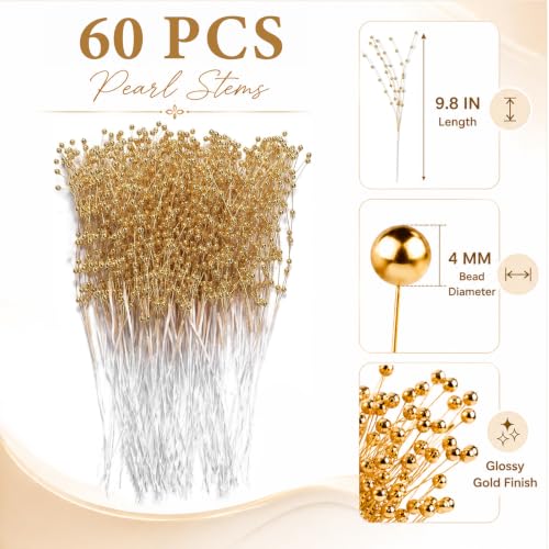 60 Pieces Pearl Stick Stems Bouquets, 4mm Bead String Garland Beaded Spray Filler Floral Arrangements Tree Picks Wedding Party Decoration, Mother's Day Flower Decor, Christmas Tree Picks (Gold) - color: Gold