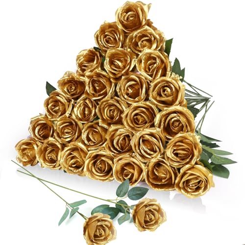 30pcs Fake Roses Artificial Silk Flowers Long Stems Bouquet for Wedding Bridal Shower Party Home Decoration (Gold) - color: Gold
