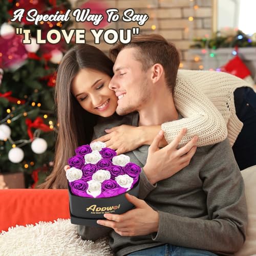 ADDWel Romantic Preserved Roses Bouquet for Her Anniversary, Birthday Flower Gifts for Women, 27-Pieces Eternal Roses with Natural Fragrance in Heart-Shape Box for Wife Girlfriend Mom - color: Purple & White - 27 Roses