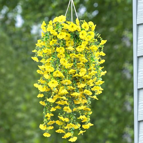 4 Pack Artificial Faux Hanging Flowers Plant for Outdoor, Fake Silk Morning Glory with Eucalyptus UV Resistant Realistic Trailing Vine for Wall Home Porch Patio Balcony Yard Indoor Decor, Yellow - color: Yellow