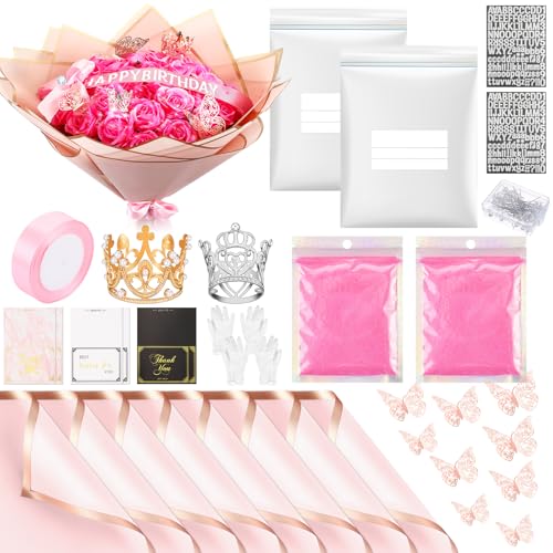 Thiccywoov Valentine Glitter Roses Bouquet (exclude Rose & Glue) DIY Roses with Glitter Powder Flower Wrapping Paper Letter Stickers Bags for Mothers Day Birthday Wedding Graduation Xmas Gifts(Pink) - color: Pink