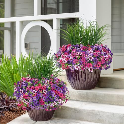 Artificial Flowers,14 Bundles UV Resistant Fake Flowers Daisy with Greenery Plants Wheat grass,Faux Outdoor Flowers for Spring Summer Decoration, Outdoor Faux Plants Home Window Porch Patio Yard - color: Purple Red Powder
