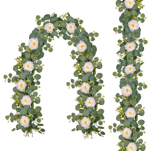 2 Pack 12Ft Artificial Flower Garland with Eucalyptus and 12 Roses, Fake Rose Garland Floral Vines for Wedding Backdrop, Table Centerpieces, Party Decor, Wall Greenery (White, 2PCS) - color: White