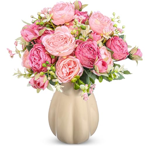 Crowye 4 Bundles Peonies Artificial Flowers Silk Faux Peonies Wedding Artificial Flower Bouquet for Table Centerpiece for Home Wedding Decor Bridal Floral Arrangement(Mix Pink) - color: Mix Pink
