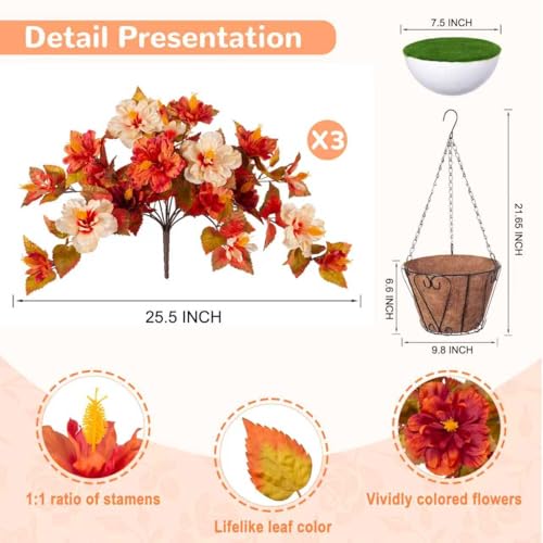 Artificial Fake Fall Hanging Flowers with Basket for Outdoors Decoration 3PCS Faux Fall Flowers for Outdoor Planters UV Resistant No Fade Silk Hibiscus for Home Porch Patio Garden Balcony Yard Decor - color: Hibiscus Zd-red Orange White Basket