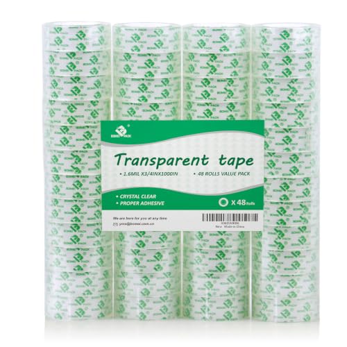 BOMEI PACK 48 Rolls Crystal Clear Transparent Tape, Stationery Tape Refills Rolls for Dispenser, 3/4 in x 1000 in,1 inch Core, Gift Wrapping Tape for Office, School and Home