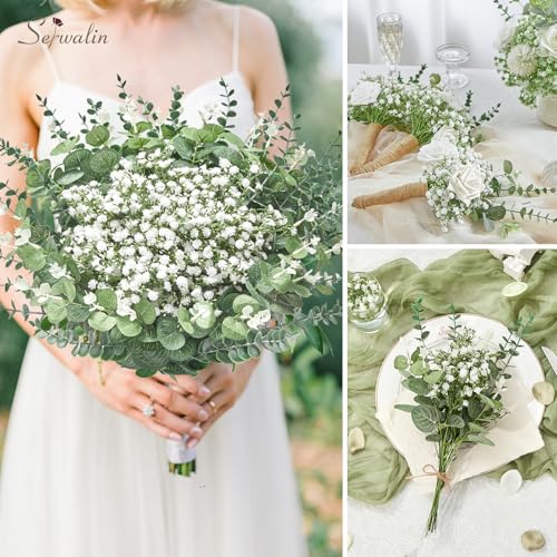 Serwalin 100 Pcs Mixed Artificial Eucalyptus Stems,Babys Breath Artificial Flowers Bulk with Faux Eucalyptus Leaves Greenery Stems for Wedding DIY Bouquets Floral Arrangement Home Decor - size: 100pcs