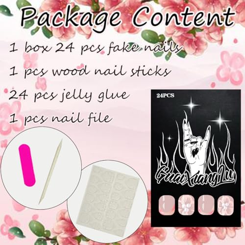 French Tip Press on Nails Square Short Fake Nails Full Cover Cherry Blossoms Nails with Pearl Design Cute Glue on Nails Nude Pink Artificial False Nails Flower Acrylic Nails for Women Girls 24Pcs