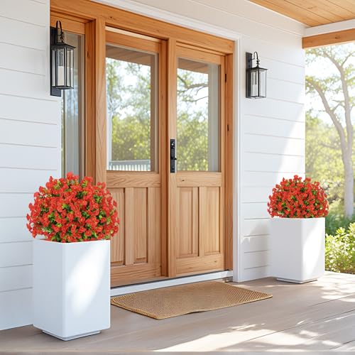 24" Artificial Potted Plants Outdoor Set of 2, UV Resistant Faux Red Flowers with Eucalyptus, Decorative Plants in Pots for Front Porch, Patio & Entryway - color: Red, size: 24in Morning Glory Eucalyptus