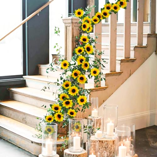 Uieke 3 Pack 7.5ft/Pcs Artificial Sunflower Garland Hanging Sunflower Vines with Green Leaves,Silk Flowers for Home Room Kitchen Garden Wedding Arch Bridal Baby Shower Party Outdoor Decor Medium - size: Medium