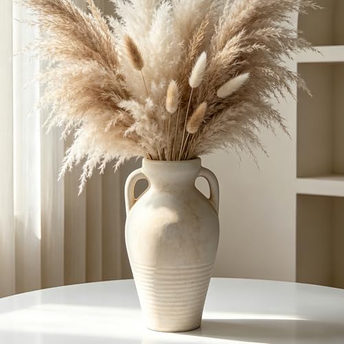 Ceramic Flower Vase with Handles, 11 Inch Farmhouse Rustic Vase, Decorative Pottery Terracotta Tall Vases for Home Decor, Living Room, Centerpiece, Shelf, Mantle Fireplace - color: 11"h-off-white