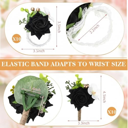 Sherr 20 Pcs Black Rose Wrist Corsage and Boutonnier Set Wedding Flower Corsage Wristlet Band Bracelet Bridegroom Men's Boutonniere Wristlet Hand Flower for Wedding Bouquets Supplies - color: Black