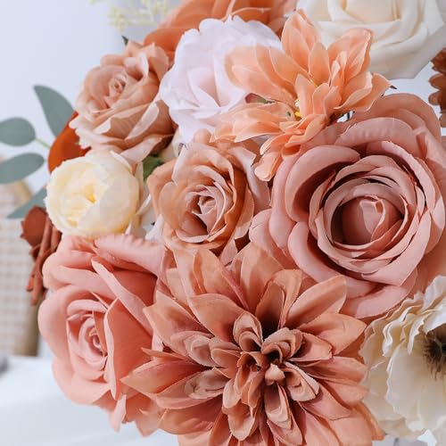 Floweroyal Artificial Flowers Fake Rose Flowers Dahlia with Stems for DIY Wedding Bridal Bouquets, Baby Shower, Floral Arrangement, Table Centerpieces, Home Decorations - color: Nude Color & Pale Coffee