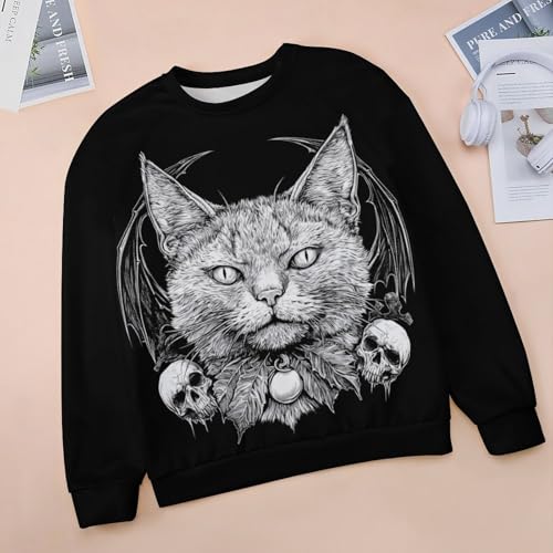 domirica Halloween Sweatshirts for Women Black Cat Print Pullover Crewneck Oversized 2024 Fall Fashion Casual Warm Shirt - color: Akuma, size: 3X-Large