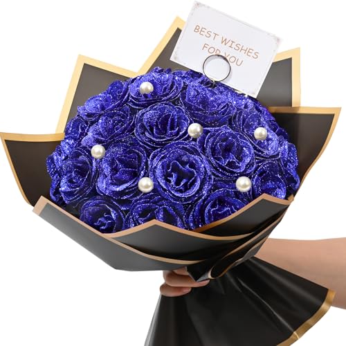 Waipfaru Blue Glitter Roses Bouquet, DIY Fake Flowers Bouquet, Everlasting Shiny Artificial Rose Bouquet for Valentines, Anniversary, Engagement, Wedding, 24 Roses - color: Blue, size: 24pcs