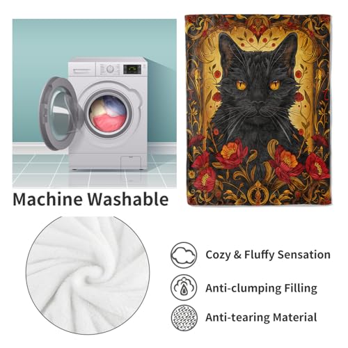 Black Cat Fleece Blanket Gifts, Halloween Black Cat and Floral Design, Soft Cat Throw 40x50 inches, Halloween Decor - Gold and Black - color: Color446, size: 40"x50"