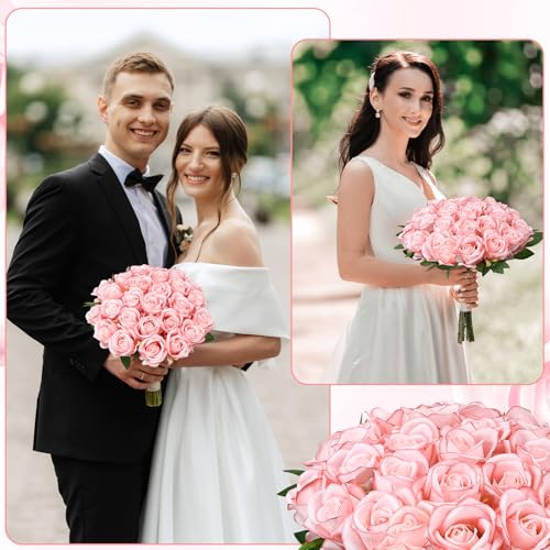 150 Pcs Roses Artificial Flowers, Silk Light Pink Artificial Flowers Petals Long Stem Roses for Wedding Bouquet Home Party Decor - color: Light Pink