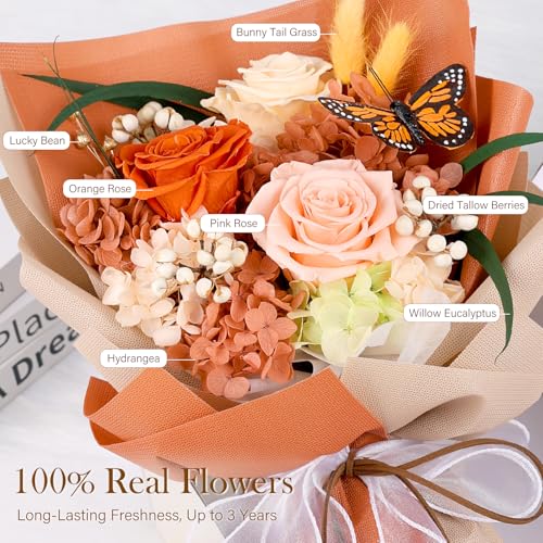 Preserved Flowers Bouquet with Butterfly - 3 Roses & Flowers for Delivery, Long-Lasting Real Roses Forever, Mothers Day Gifts for Mom Grandma Wife, Anniversary Birthday Gifts for Women - color: Orange