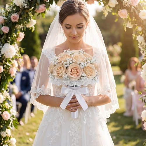 Ferrochef 2 Set White Lace Handle Bouquet Holder Foam Floral Handle Wedding Bridal Bouquet Holder DIY with 1 inch White Satin Ribbon for Bride & Bridesmaid Fresh & Artificial Flower Arrangements
