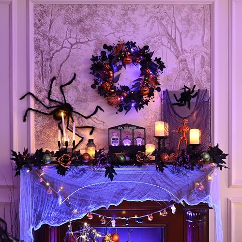 Valery Madelyn Halloween Garland with Lights, 6 Feet Pre-Lit Orange Purple Roses Black Maple Leaves Green Ball Ornaments Garland Decorations for Indoor Table Centerpiece Mantle Party Holiday Decor