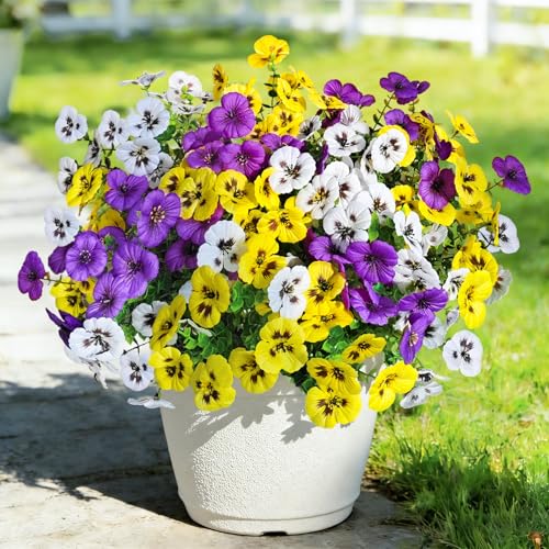 20 Pcs Artificial Fake Pansy Flowers for Outdoors, Faux Silk Pansies Spring Flowers UV Resistant Artificial Plants Outdoor for Planter Front Door Porch Yard Patio Home Decor(Purple Yellow White) - color: Purple, Yellow, White, size: 20 Pcs
