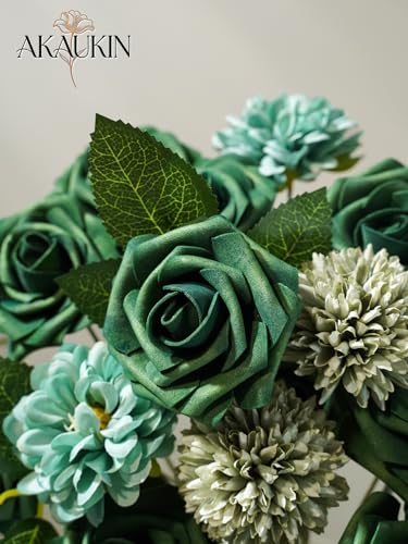 Artificial Flowers Combo Set Blue Green Dahlia Roses DIY Wedding Decor | Silk artificial flowers arrangement set for home decor crafts reusable party bouquets DIY wedding table and event decorations - color: Blue Green, size: The Minimalist