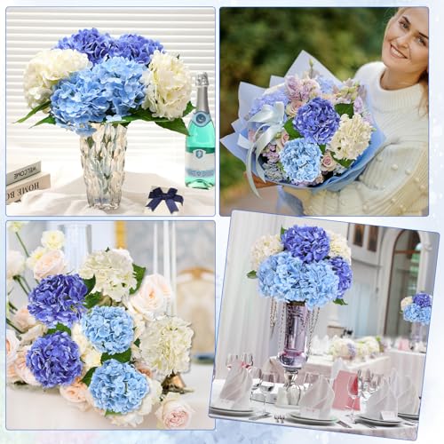 6 pcs Real Touch Hydrangea Artificial Flowers, 20 Inch Blue White Lifelike Fake Hydrangeas Bouquet with Bendable Stems & Leaves for Wedding Centerpieces, Home Decor, Vase Arrangements